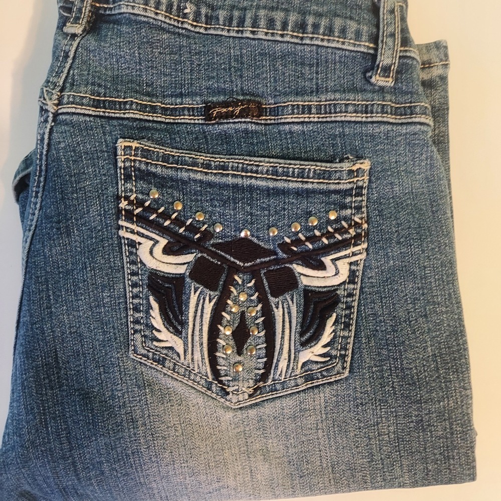 Vintage 90s Embroidered Spellout Paco Jeans Bootcut Womens 11 Stretch Destressed